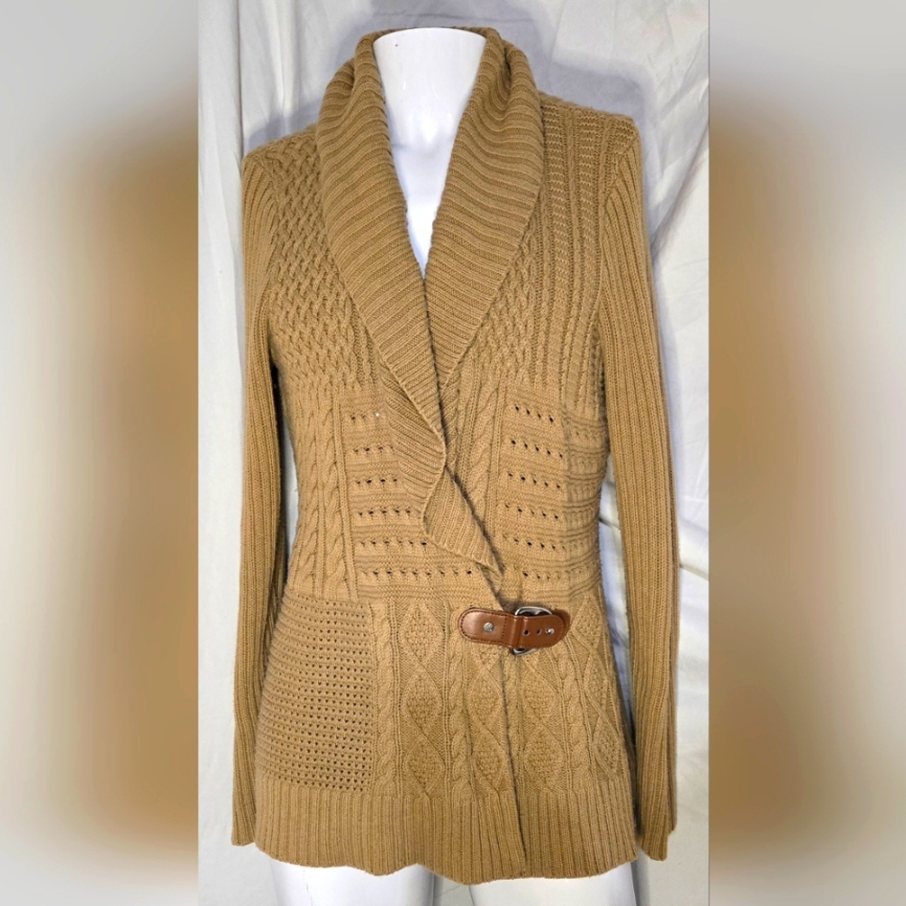 Ralph Lauren Women Cardigan Medium Warm Knitted Sweater Leather Belt Vneck LRL